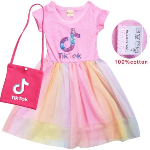 TIK TOK Summer Girl Cotton T Shirt + Print +bag Gauze Patchwork Dress Children Girl Home Party Casual Clothes Dresses
