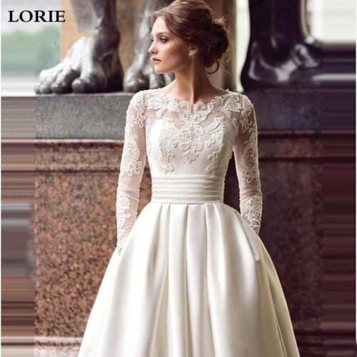 LORIE Satin Wedding Dress Cap Sleeves Lace Appliques Beach Bride Dress Sexy Boho Long Train Wedding Gown Hot Sale 2019