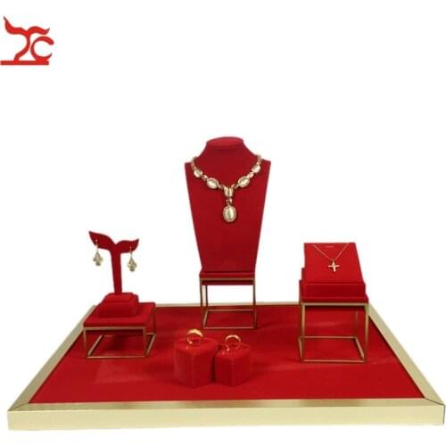 New Gold Jewelry Display Showcase Set Red Velvet Double Ring Necklace Pendant Earring Holder Stand Stainless Steel Counter