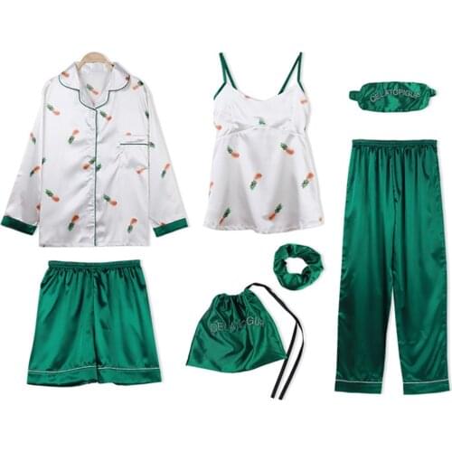 New Womens home Clothes 7 Pieces Womens Pajamas Sets Faux Silk Striped Pyjama Sleepwear Sets Spring Summer Satin Sexy Homewear