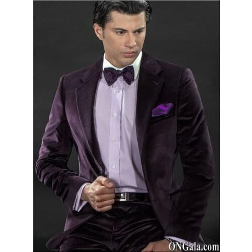 Latest Coat Pant Designs Italian Purple Velvet Men Suit Slim Fit 2 Piece Tuxedo Custom Groom Party Prom Suits Terno Masculino S2
