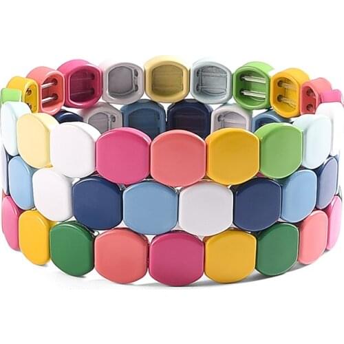 Adjustable Enamel Rainbow Tile Bracelet Women Girls Colourful Macaron Stackable Beads Stretch Couple Bracelet Boho Wrap Bracelet