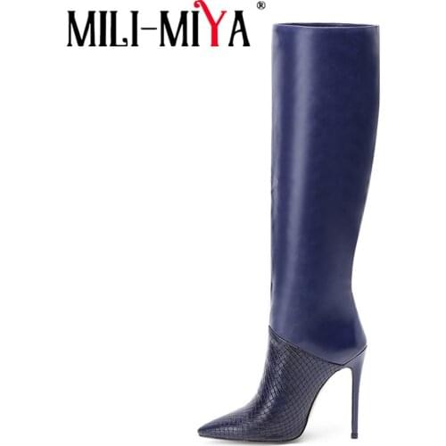 MILI-MIYA New Fashion Women Knee High Boots 10cm 12cm High Heel Pointed Toe Big Size Autumn Winter Shoes for Women