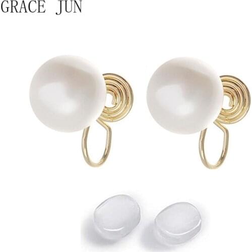 GRACE JUN Korea Style Mosquito Coil Clip on Earrings No Pierced Womens Fashion Gold Color Faux Pearl Silicone Pad Cuff Earrings