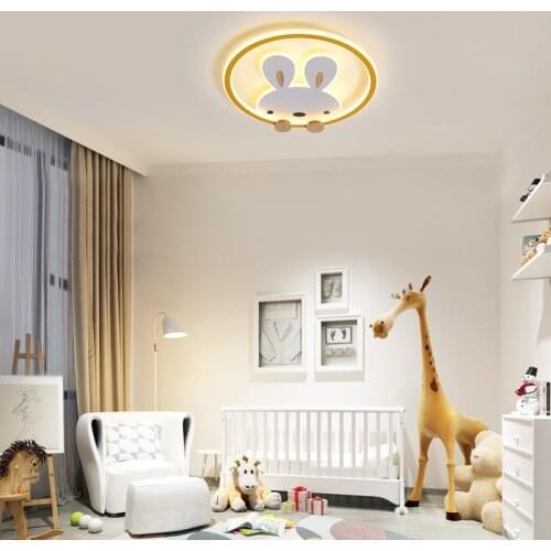 Nordic Cute Cartoon Rabbit Led Ceiling Lamp Creative Personality Blue/Yellow/Pink Iron Round Lamp with Wood for Children Bedroom
