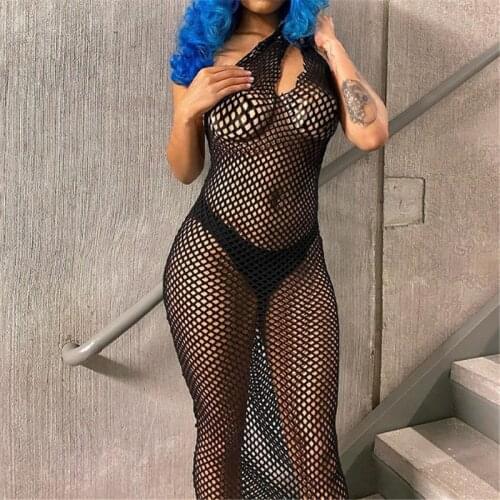 Streetwear See-Through Fish Net Mesh Female Dress One Shoulder Sleeveless Hollow Out Beach Bikini Cover-Up Maxi Dresses Vestidos