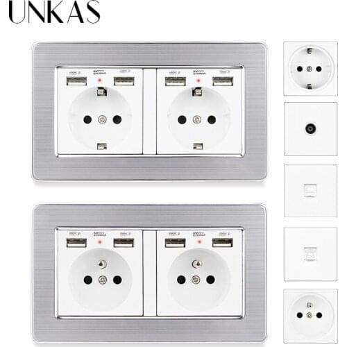 UNKAS EU French Socket Dual USB Port + TV RJ11 Telephone RJ45 Internet Computer Jack 146mm * 86mm White Stainless Steel Panel