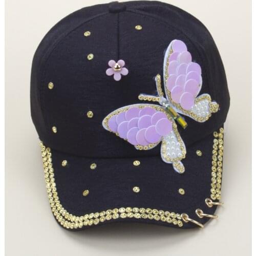 2021 Womens Baseball Cap Women Full Crystal Colorful Big Butterfly Hat Cotton Shiny Metal Snapback Caps Hip Hop Hats