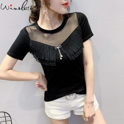 Summer Korean Style T-Shirt Fashion Sexy Transparent Ruffles Shiny Diamonds Women Bow Tops Short Sleeve Cotton Tees 2021 T14716A