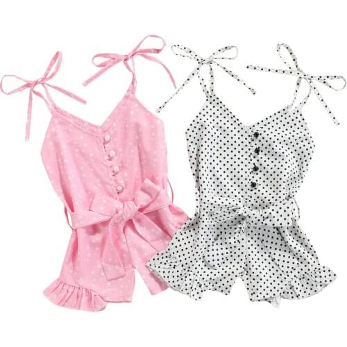Girl’s Casual Bandage Suspender Jumpsuit Fashion Polka Dot/Stars Printed V-neck Romper Short Pants 1-5T
