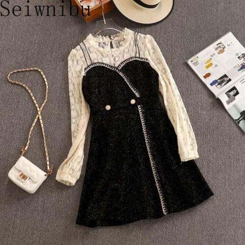 2021 Spring Autumn Women corduroy Dress Casual O-Neck Patchwork Lace Button party Fashion Temperament Mini A- line Suit Dress
