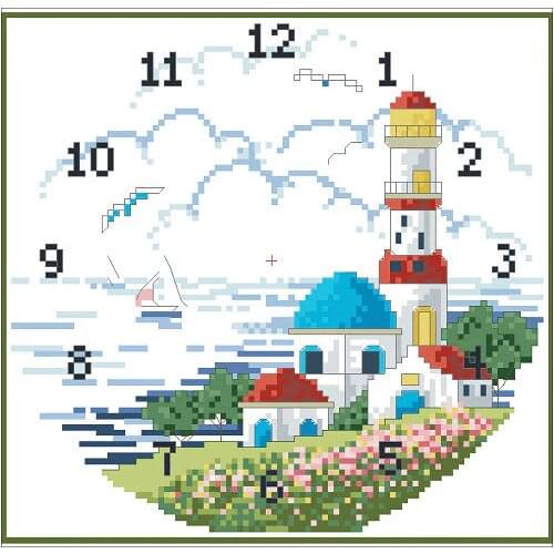 11CT Cross stitch with Clock Kits Clockworks Timepieces 35*35cm Seaside House CS-047CLO