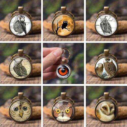 2019 Cute Owl Keychain Wicca Bird Pendant Animal Jewelry Wicca Key Chains Glass Dome Holder Car Key Ring Women Charm Accessories