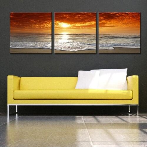 3 pieces Modern HD Scenery Canvas Prints Golden Sunset and White Oecan Wave Landscape Modular Wall Pictures Paintings for Home