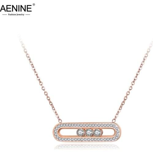 AENINE Original Design Stainless Steel Movable CZ Crystal Pendant Necklaces Jewelry Rose Gold Engagement Charm Necklace AN18074