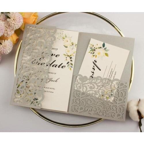 Free drop shipping 1X pocket fold Wedding Invitation Card 250g Laser Cutting Tri-fold Gold Ivory Gray Glitter Customized RSVP