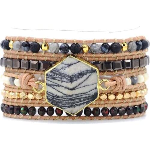 Boho Bracelet Handmade Jewelry Gifts Natural Zebra Stone Leather Bracelet Chic 5X Wrap Bracelet Dropshipping