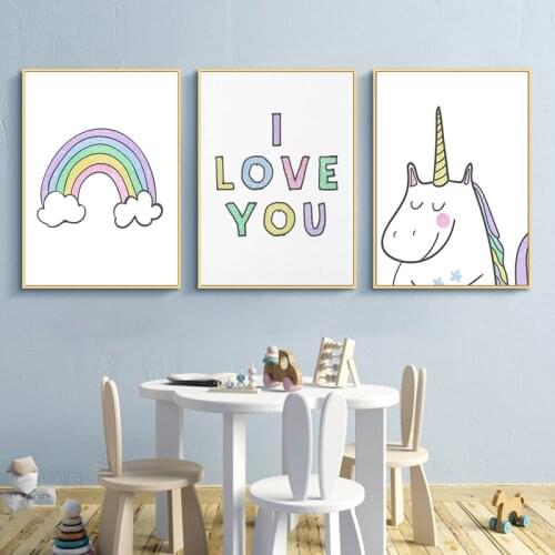 Baby Girl Nursery Decor Canvas Art Poster Print Rainbow Unicorn Nordic Style Wall Painting Decorative Picture Kids Bedroom Decor