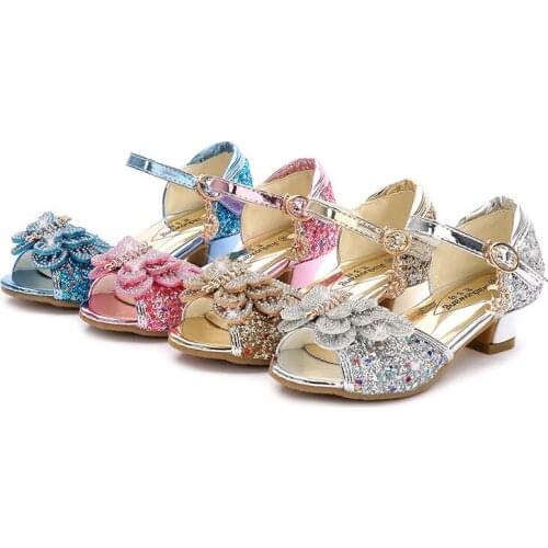Kids Shoes 2021 New Summer Casual Colored Crystal Bowknot Children High Heel Girls Shoes Fashion Princess Dance Party Sandals