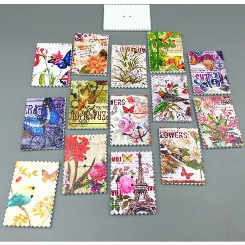 DIY 40PCS Stamp Wooden Buttons Flowers Butterflies bird Tower Sewing Scrapbooking 40mm