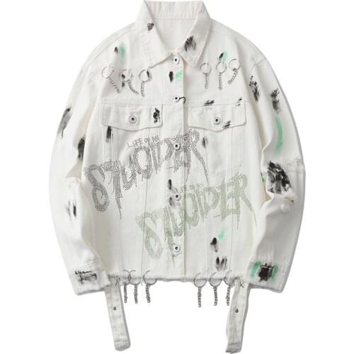 SEVEYFAN Punk Chain Letter Rhinestone Denim Jacket Men and Women Hip Hop Ribbons Jean Coat Streetwear