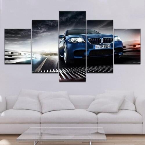 Canvas Pictures Modular Wall Art Framed Posters 5 Pieces Cool Flashy Blue Luxury Sports Car Painting For Living Room Home Decor