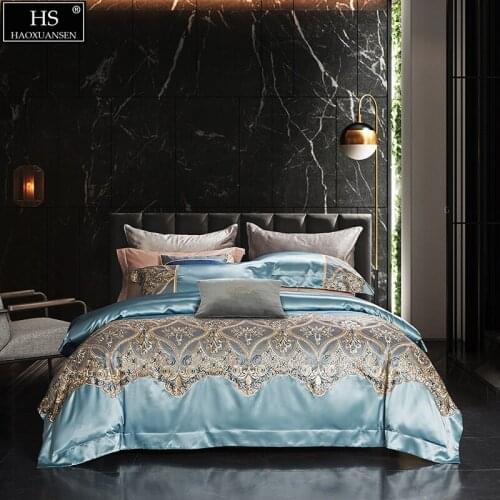 Princess Style 4Pieces Bedding Set Pure Cotton Fabric Quilt Cover Pillowcase BedSheets Gorgeous Lace Design Big Baroque Sky Blue