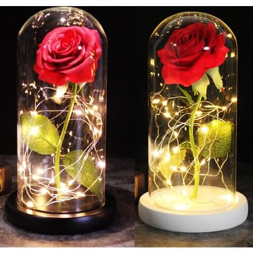 Red Roses of Beauty and the Beast Decorate Valentines Day Gifts Christmas Birthday LED Rose Lights on a Glass Dome Wooden Base
