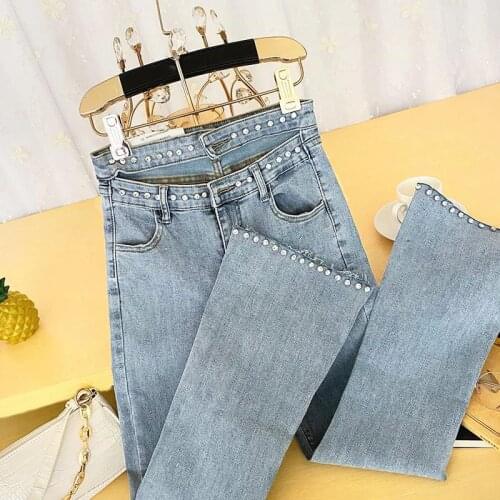 Micro Trumpet 9-point Jeans Womens 2021 Summer New Irregular Leg Hot Drilling Waist High Slim Tight Pants