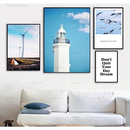 Lighthouse Bird Windmill Dream Landscape Wall Art Canvas Painting Nordic Posters and Prints Wall Pictures for Living Room Decor