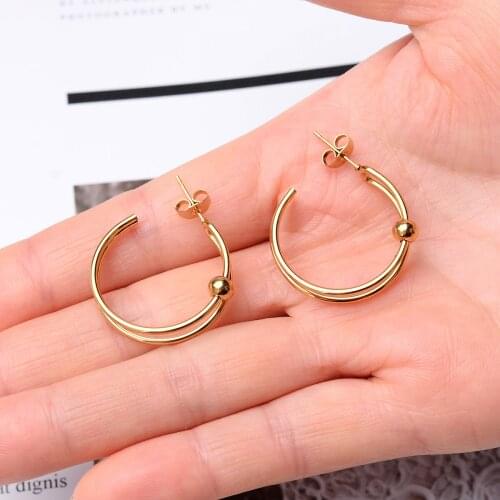 New 2 Color Classic 316L Stainless Steel Popular Ball C Shape Drop Earrings 20/30mm With Bead Punk Earrings Women Men Jewelry