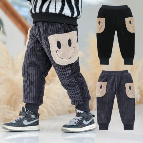 New Boys Girls Autumn Winter Velvet Thickened Sports Pants Childrens Fashion Patch Letter Print Velvet Inside Warm Trousers