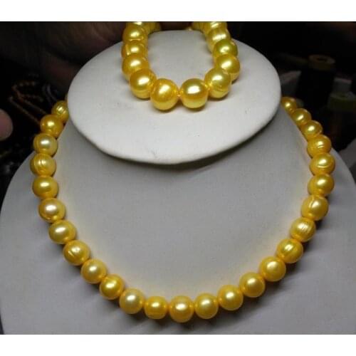 Charming 11-13MM SOUTH SEA GENUINE GOLDEN PEARL NECKLACE + BRACELET