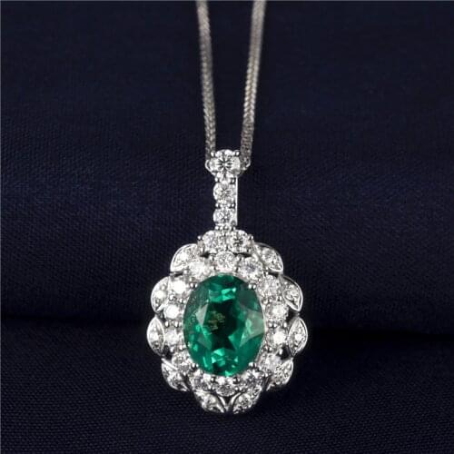 14K Solid White Gold Lab Created Hydrothemal Emerald Necklace MS-212