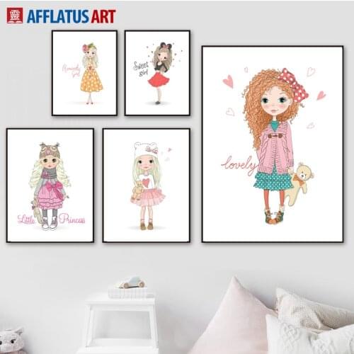 Sweet Girl Flower Owl Bear Doll Nursery Nordic Posters And Prints Wall Art Canvas Painting Wall Pictures Baby Kids Room Decor