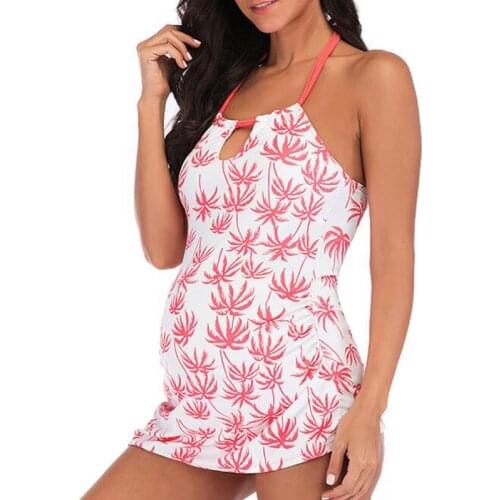 Sexy Halter Pink Print Maternity Swimwear Tankinis Set Women Floral Print Bikinis Swimsuit Beachwear Pregnant Suit 2020 New