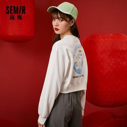SEMIR Sweatshirt Women 2021 Spring New Loose Cropped Tops Personality Round Neck Pullover Casual Hoodies Trend
