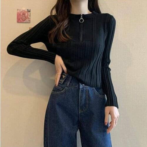 Zipper Knit Black Pullover Blouse Long Sleeve Elegant Slim Solid Color Street Base Sweater Women Autumn Winter Short Top Crop