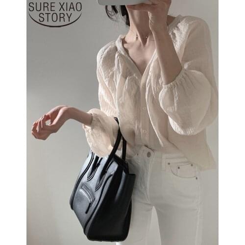 Spring 2021 New Korean Chic Shirt Vintage Long Sleeve Button Up Puff Sleeve Shirt for Women V-neck Clothing Loose Tops 13509