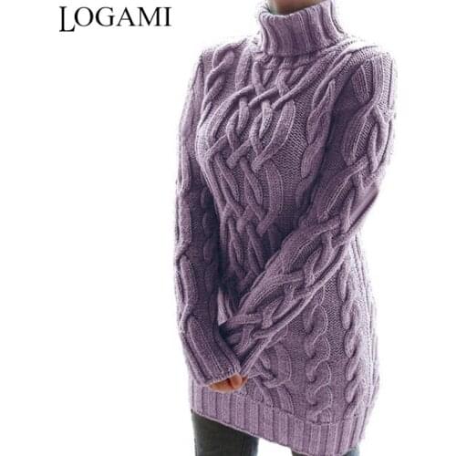 LOGAMI Thick Turtleneck Retro Twist Sweater Dress Women Long Sleeve Autumn Winter Warm Dresses Woman Slim Sweaters
