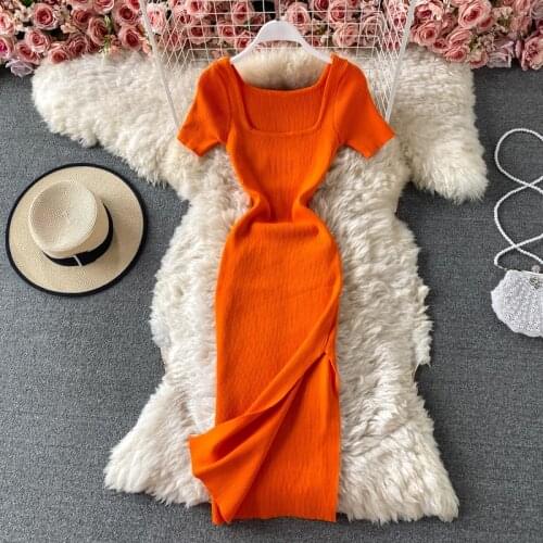 Knit Dress Summer Women Bodycon Sexy Dress 2021 Solid Square Collar Short-sleeve Knitting Stretch Split Midi Party Dress Vestido