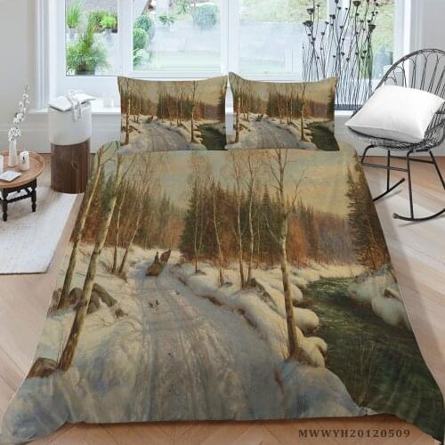 Winter Landscape Bedding Set King Size Fresh Nature Duvet Cover River Queen Twin Full Double Single Bed Set Oil Painting