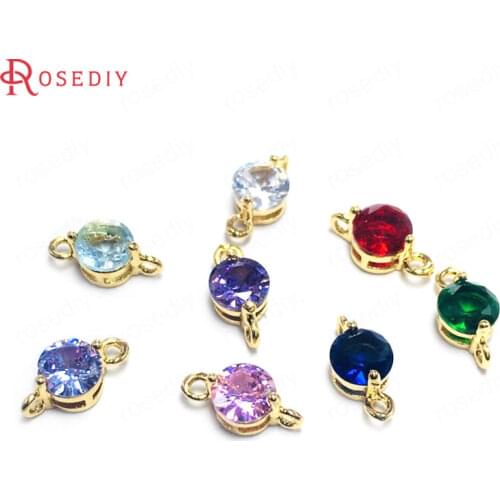 38266)10PCS 5MM 24K Champagne Gold Color Brass and Zircon 2 Holes Round Connect Charms Pendants Jewelry Findings Accessories