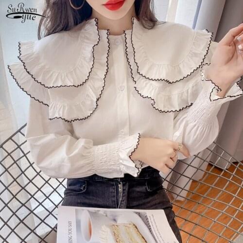 Lotus Leaf Collar Elegant Cotton Blouses Long Sleeve Button Ruffles White Shirts Korean Vintage Sweet Single-Breasted Tops 16967