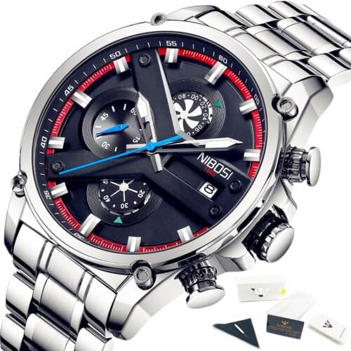 NIBOSI 2021 Mens Watches with Box Chronograph Fashion Luxury Men Watch Waterproof Stainless Steel Quartz Watch Relogio Masculino