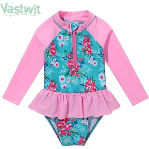 Kid Girls One-Piece Swimsuit Baby Girl Bikini Suit Floral Print Front Zipper Long Sleeve Ruffles Swimwear Beachwear Bathing Suit