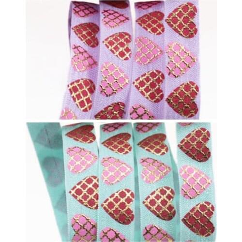 5/8" Gold foil quatrefoil with heart foe elastic ribbon fold over elastic for Valentine design welcome custom printed