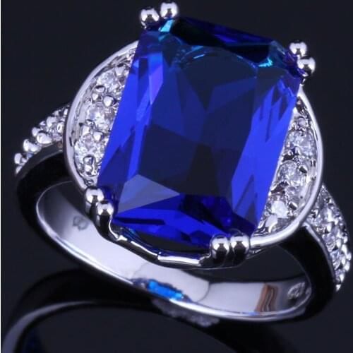 Glamorous Square Blue Cubic Zirconia White CZ Silver Plated Ring V0607
