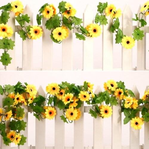 Fake Silk Sunflower Ivy Vine Artificial Flowers With Green Leaves Hanging Garland Garden Fences Home Wedding Decoration