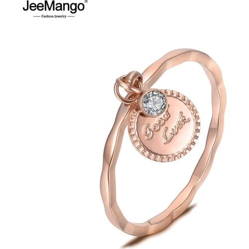 JeeMango Stainless Steel Ring Rose Gold Color AAA Zircon Sinusoid Shape Ring Hang 'Good Luck ' Coin Christmas Gift Halka JR18143